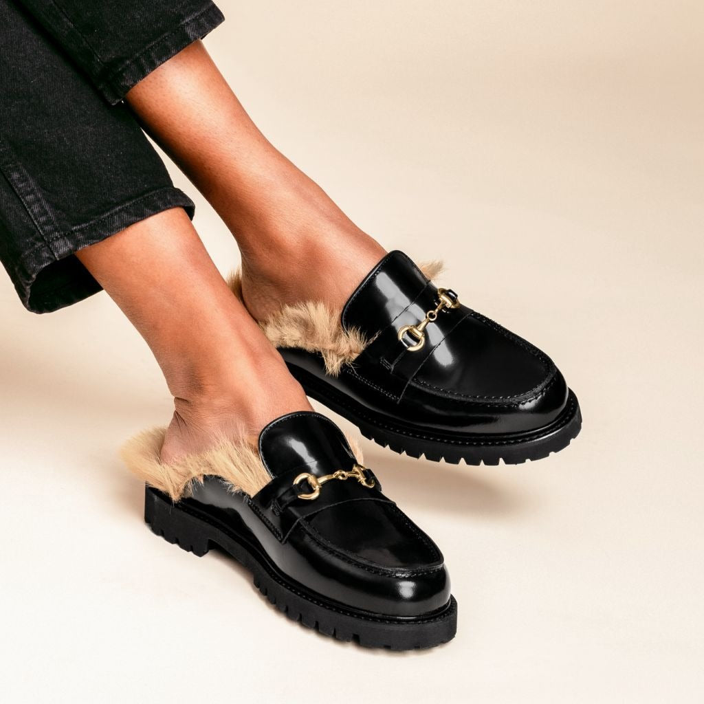 Penny Mule | Black & Beige Shearling